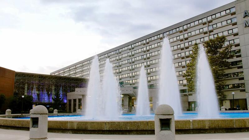 Fountain pool outside of the hotel entrance.
